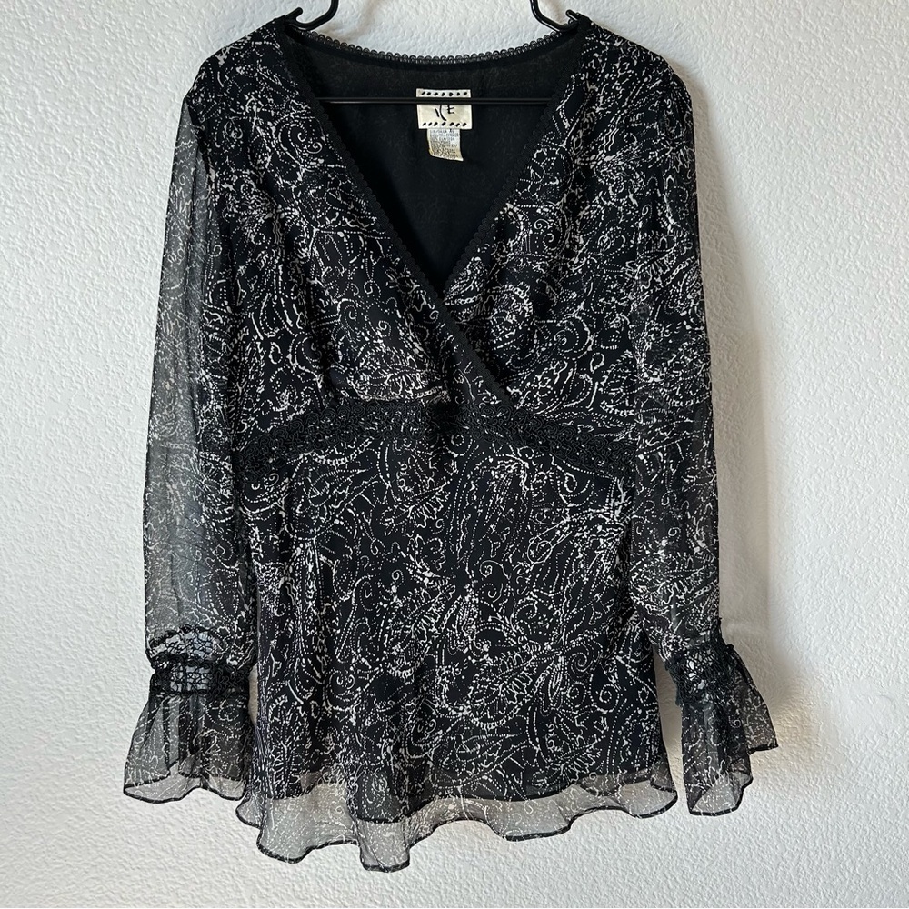 Vintage 100% Silk 90s Sheer Black and White Lace Blouse Top with Bell Sleeves